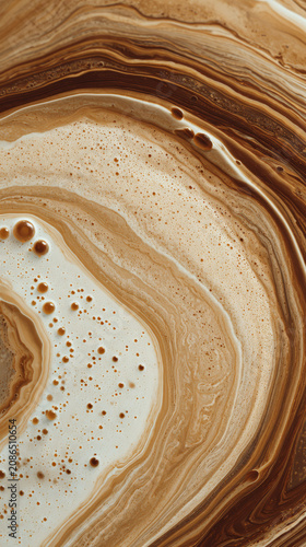 Abstract swirling patterns of brown and white liquid creating a marbled effect.