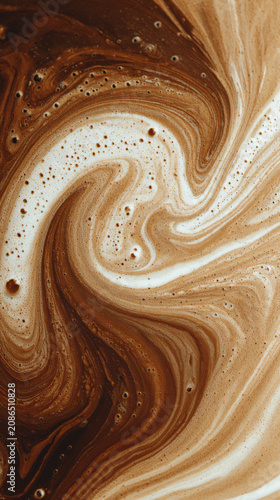 Abstract swirling pattern of brown and white liquid, resembling coffee with milk or chocolate.