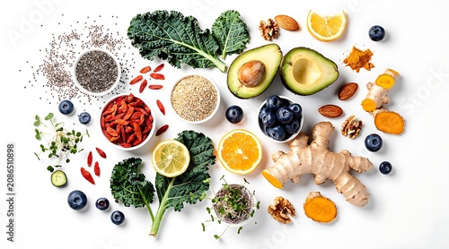 Assortment of Healthy Superfoods and Ingredients Arranged on a White Background.