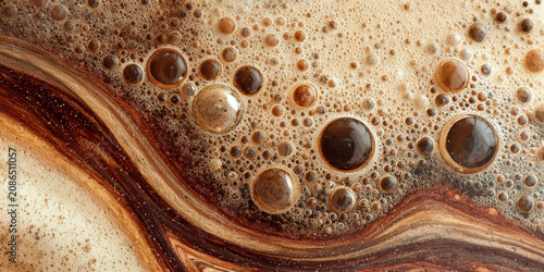 Close-up macro shot of rich brown coffee foam with swirling patterns and bubbles.