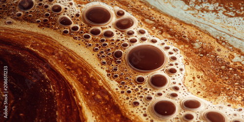 Close-up macro shot of rich brown coffee with frothy foam and bubbles.