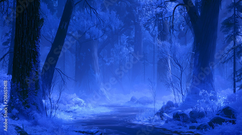 Mysterious blue winter forest landscape with frozen path and thick fog