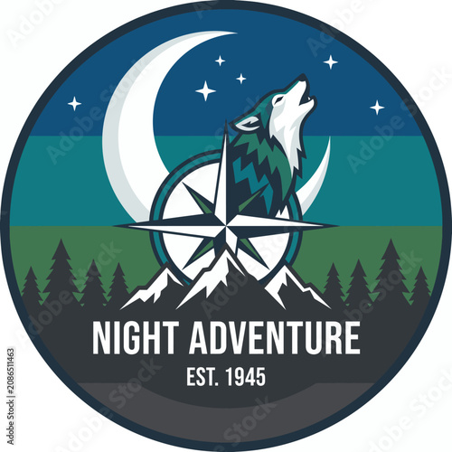 Featuring a howling wolf and a compass, this image represents the spirit of adventure at night, capturing the magic of the wilderness and starry skies since 1945.