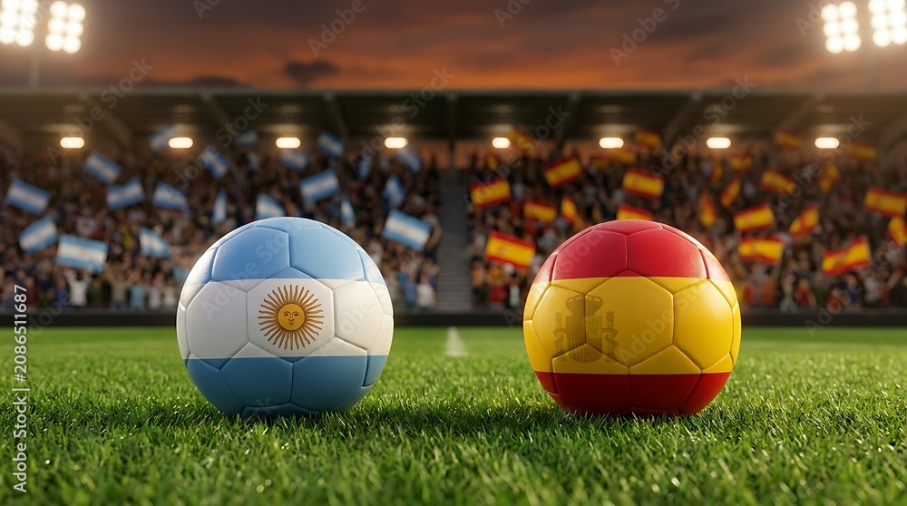Obraz premium Two soccer balls representing argentina and spain nations placed on stadium grass field with bright stadium lights and cheering crowd in background.