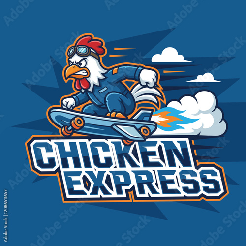 An energetic illustration of a chicken wearing goggles and skateboarding, exuding a cool vibe captured in a vibrant urbanized graphic style that appeals to a youthful audience.