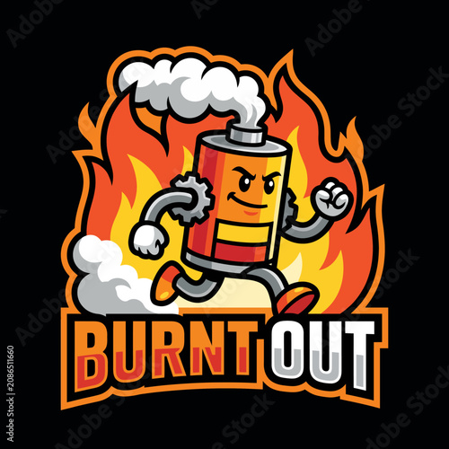 A playful cartoon battery character running energetically amidst flames and smoke, illustrating the concept of burning out and the challenges faced in modern life.