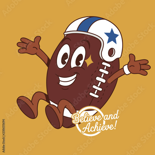 A cheerful cartoonish football character smiles widely, showcasing a positive and fun spirit, inviting everyone to share in the joy of sports and playfulness.