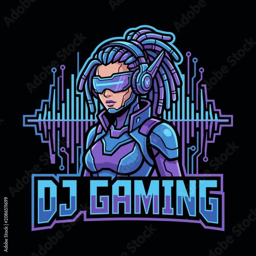 A futuristic illustration of a female DJ with cybernetic features, embodying the fusion of technology, music, and gaming in a modern digital environment.