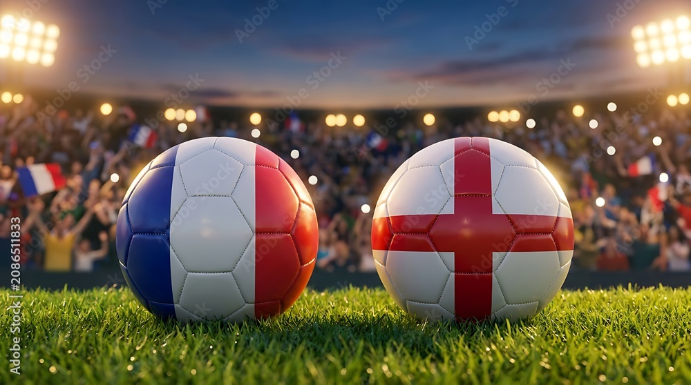 Fototapeta premium Two soccer balls with flags of france and england on a lush green stadium pitch with cheering fans in background sunset sky.