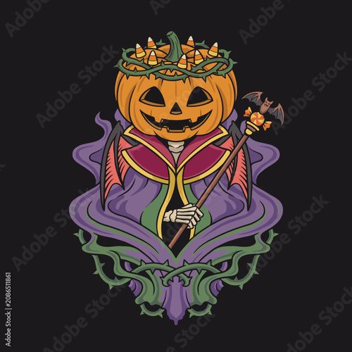 A striking illustration showcasing a regal pumpkin king adorned with candy corn and bat accents, embodying the spirit of Halloween with a charmingly eerie aesthetic.
