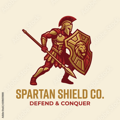 A fierce Spartan warrior brandishing a shield and spear, embodying strength and protection, ideal for brands focused on security or defense.