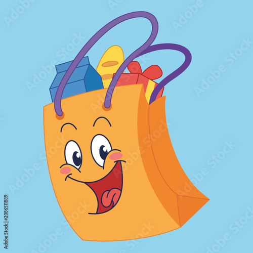 A cheerful shopping bag with a big smile, filled with gifts and surprises. This cartoonish design captures the joy of shopping and the excitement of receiving presents.