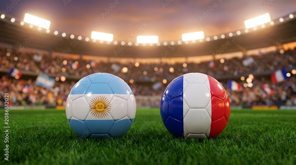 Fototapeta premium Two soccer balls representing argentina and france nations placed on stadium grass field with bright stadium lights and cheering crowd in background.