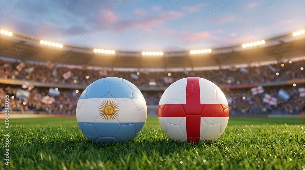 Fototapeta premium Two soccer balls representing argentina and england nations placed on stadium grass field with bright stadium lights and cheering crowd in background.