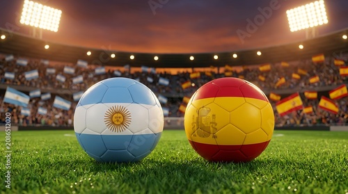Two soccer balls representing argentina and spain nations placed on stadium grass field with bright stadium lights and cheering crowd in background.