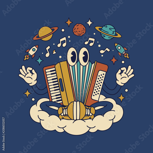 This colorful artwork showcases a frog meditating while playing the accordion, symbolizing creativity and harmony with the universe, surrounded by planets and musical notes.