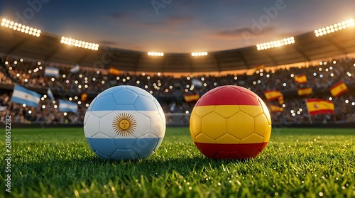 Argentina and Spain soccer balls face off on stadium grass at sunset with blurred crowd and flags, competitive sports match visualization.