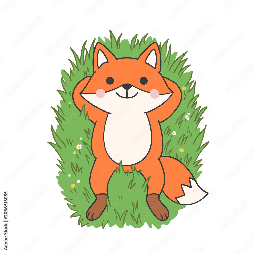 Fototapeta premium Cute Fox Relaxing on Grass Cartoon Sticker Illustration