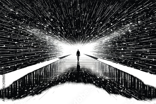Konstfotografi Cinematic sci-fi silhouette of man walking toward bright light, futuristic space