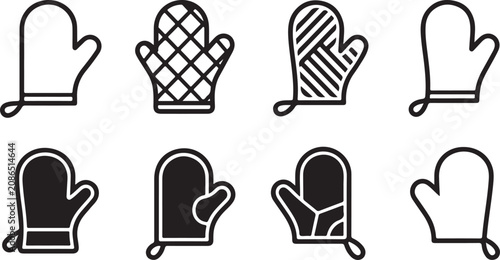 Foto Set of eight different oven mitt and pot holder icons in black and white Vector