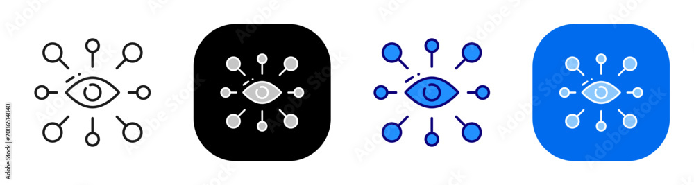 Obraz premium Eye connected to nodes for monitoring network visibility and data observation. Line, filled, black, color set. Editable stroke