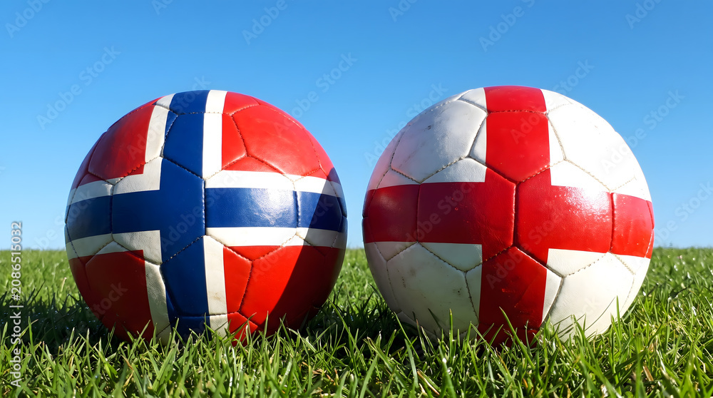Obraz premium Norway vs England Foot Balls on Green Grass Under Blue Sky
