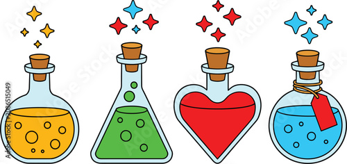 Obraz na plátně Magic potion bottles colorful elixir liquid set with heart shape glass stars car