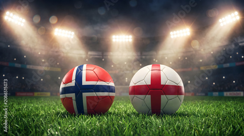 Foot Balls with Norway and England Flags in Brightly Lit Stadium