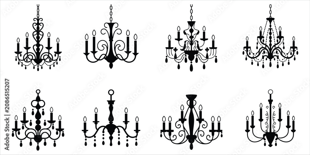 Fototapeta premium Collection of eight ornate black chandelier silhouettes on white background Keywords: chandelier, silhouette, ornate, vintage