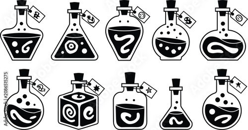 Magic potion flasks collection featuring black mystical witch elixir bottles with cork stoppers and labels icon set