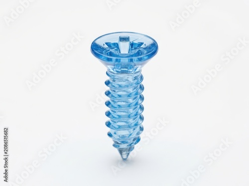 Blue transparent plastic screw, 3D rendering, industrial hardware, fastener