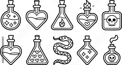 Fotografía Magical love potions and poison flasks collection with heart shaped elixir bottl