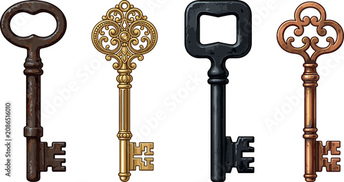 Vintage Antique Key Vector Set featuring Rusty Iron Bow, Ornate Gold Filigree, Matte Black Gothic, and Aged Bronze Decorative Key Designs