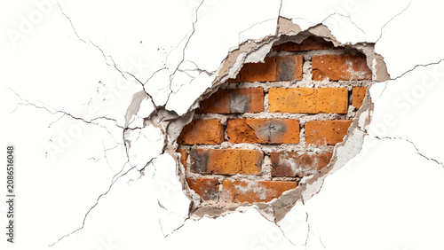 Damaged white wall with exposed red brickwork isolated PNG on transparent background