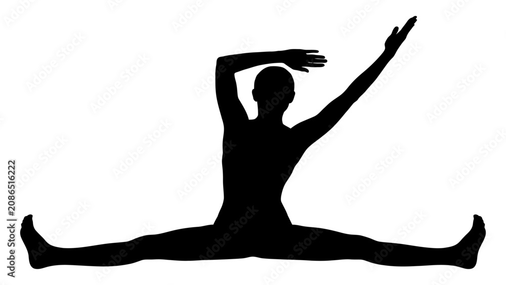 Fototapeta premium Gymnast performs an expansive side split stretch while extending arms to demonstrate extreme physical flexibility.