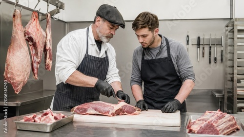 Butchery training with apprentices in professional meat workshop