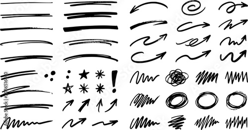 Hand Drawn Underline Marker Vector Set with Brush Strokes, Highlight Lines, Freehand Scribbles and Pen Swashes