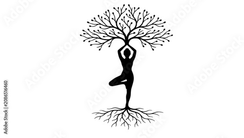 Foto Woman silhouette performs a tree yoga pose integrated with tree roots and branches to symbolize personal growth