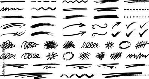 Hand Drawn Underline Marker Vector Set with Brush Strokes, Highlight Lines, Freehand Scribbles and Pen Swashes