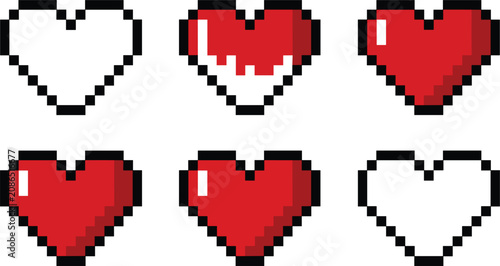 Pixel art heart health status icons set showing empty half full and full life bar meters for retro arcade video games