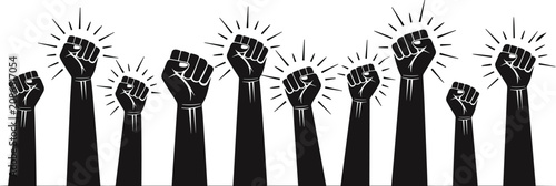 Tableau sur toile Silhouette of multiple raised fists with radiating lines on white background Key