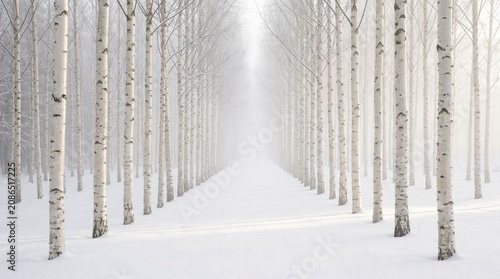Snowy forest tree pathway.