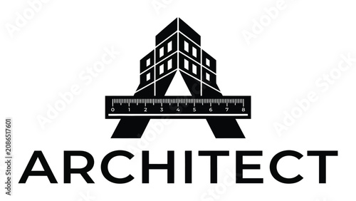 Konstfotografi Architect logo design incorporates a building silhouette and a measuring ruler into the letter A concept