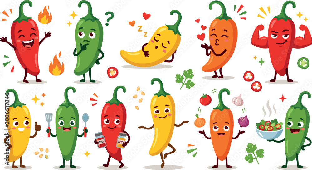 Obraz premium Cute vector illustration collection of cartoon chili pepper characters cooking juggling ingredients and showing strong emotions isolated on white background