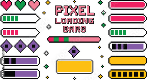 Bilde på lerret Retro pixel art loading bars vector set featuring colorful status meters user in