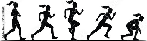 Foto Black silhouette female runner athletes running sprint motion sequence training