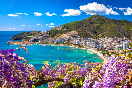 Town of Budva beach and modern coastline architecture view