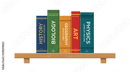 Vector bookshelf with textbooks, educational books, colorful book spines, wooden shelf, library icons