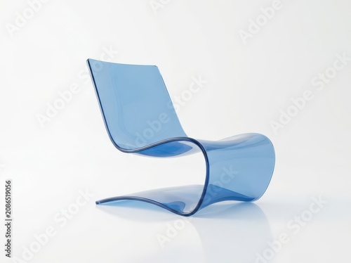 Blue plastic chair, modern furniture, curved design, single piece