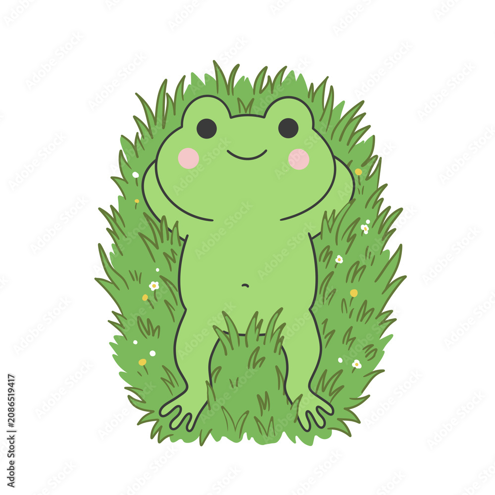 Fototapeta premium Cute Frog Relaxing on Grass Cartoon Sticker Illustration